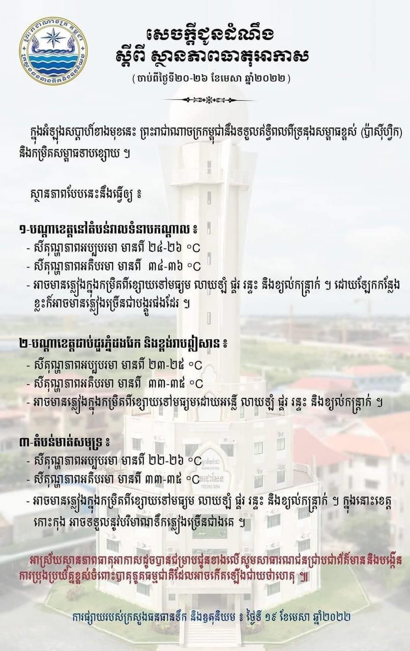 ក្រសួងធនធានទឹក ជូនដំណឹងពីស្ថានភាពធាតុអាកាស ពីថ្ងៃទី២០-២៦ ខែមេសា, អាចមានភ្លៀងធ្លាក់ពីខ្សោយទៅច្រើន សូមប្រុងប្រយ័ត្នខ្ពស់