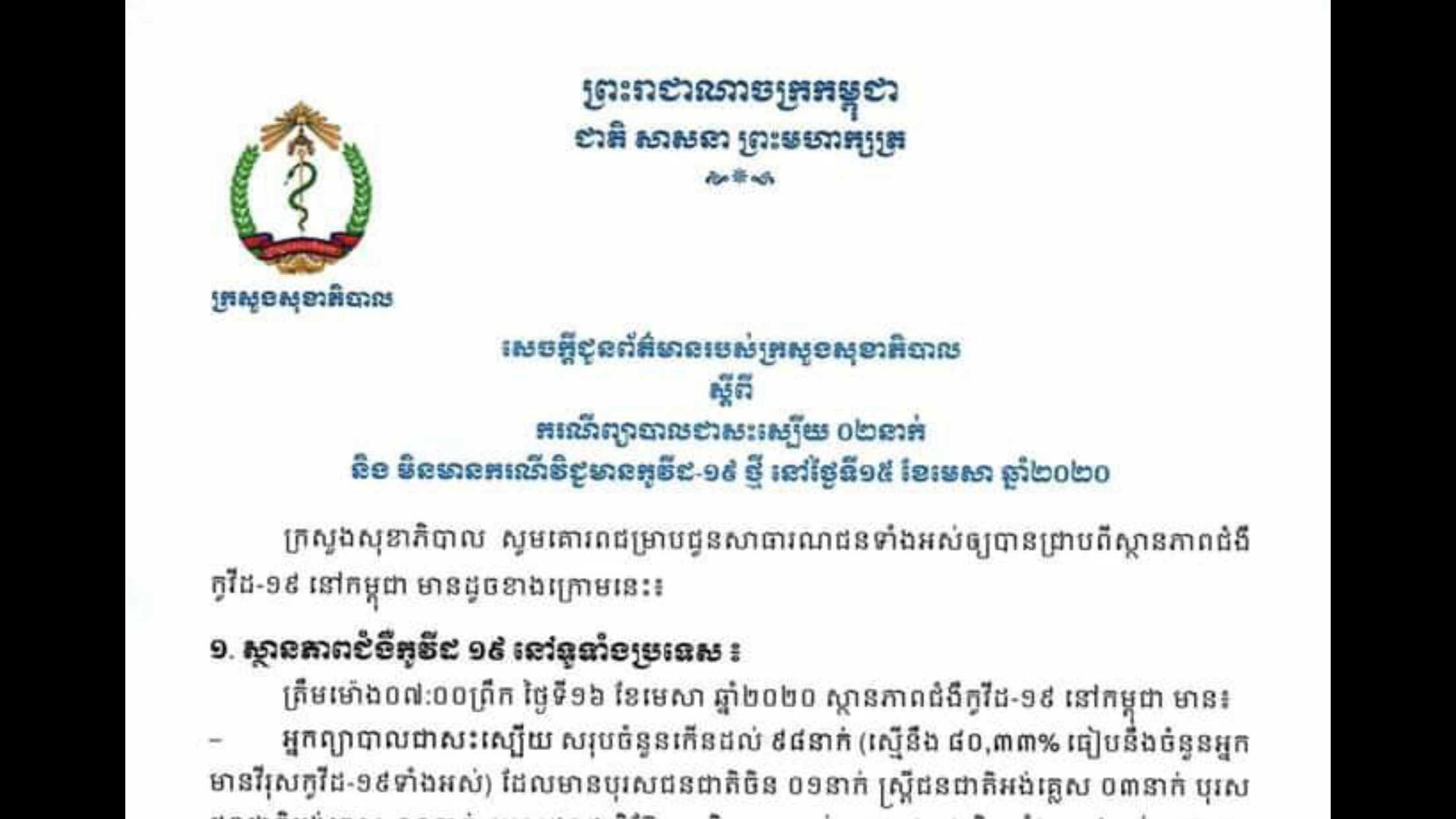 នៅក្នុងថ្ងៃទី ១៦ មេសា ២០២០នេះអ្នកជំងឺកូវីដ១៩ បានជាសះស្បើយថ្មីចំនួន២ទៀត ធ្វើឲ្យអ្នកជាសះស្បើយសរុបកើនដល់៩៨នាក់