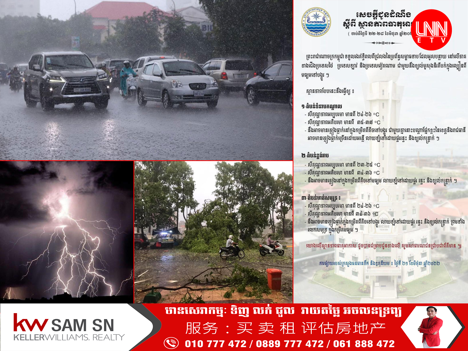 ចាប់ពីថ្ងៃទី២២ ដល់ថ្ងៃទី២៨ ខែមិថុនា, ភ្លៀងអាចធ្លាក់ពីកម្រិតតិចទៅបង្គួរ លាយឡំផ្គរ រន្ទះ និងខ្យល់កន្ត្រាក់