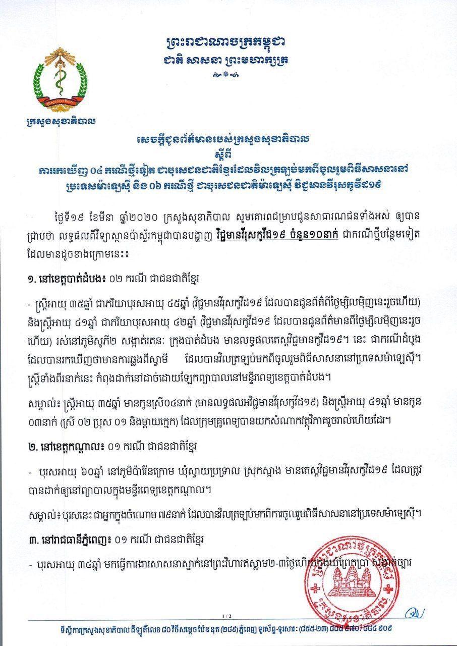 ក្រសួងសុខាភិបាលរកឃើញ អ្នកឆ្លងជំងឺ Covid-19 ចំនួន១០នាក់ថ្មីបន្ថែមទៀត ដែលធ្វើឱ្យចំនួនអ្នកឆ្លងសរុបកើនដល់៤៧នាក់