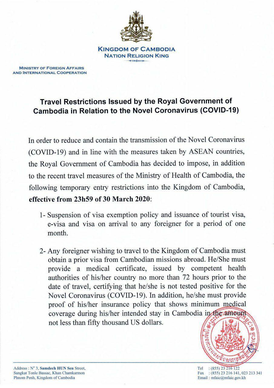 travel restrictions issueed by the royal goverment of cambodia in relation to the novel corona virus (covid-19)